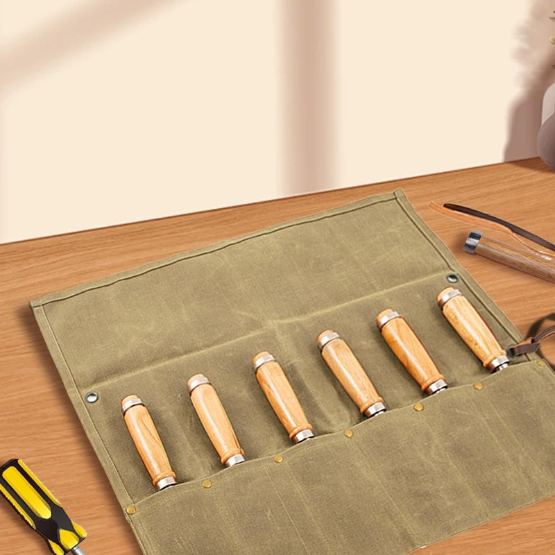 Baizoy Chisel Roll,6 Pockets Roll Up Tool Pouch,Waxed Canvas Small