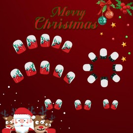 Red French Tip Press on Nails Christmas Fake Nails Short Square Glue on Nails Xmas Green False Nail Tips Glitter Stick on Nails Winter Reusable Artificial Nails Christmas Holly Acrylic Nails for Women