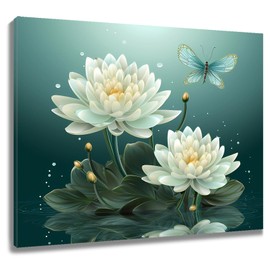 WEENEO Green Zen Wall Art Watercolor Water Lily with Leaf and Butterfly Framed Canvas Wall Art Spiritual Yoga Spa Canvas Wall Art for Bathroom Living Room Bedroom Wall Decor,16x12 Inch