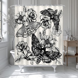 Mocsicka Gothic Skull Moth Shower Curtain Death Moth and Flowers Bathroom Shower Curtain Vintage Skeleton Moth Waterproof Fabric Bathtub Curtain Decor with 12 Hooks 72 X 72 Inches
