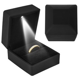 KEISIMI Luxury Ring Box with LED Light, Ring Box for Proposal,Engagement,Wedding,Square Shaped Luxury Jewelry Box with LED Light for Jewelry-Black