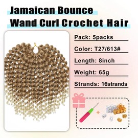 Jamaican Bounce Crochet Hair 8 Inch 16 Roots 5 Packs Short GoGo Curly Crochet Braids Jumpy Wand Curl Crochet Hair Extension For Black Women (T27/613#, 8inch)