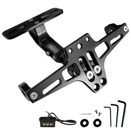 Socpuro Motorcycle License Plate Holder Black LED Light License Plate Holder Universal Aluminum Alloy License Plate Holder for Bike Fender Eliminator Bracket Angle Adjustable