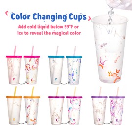 Meoky Color Changing Cold Cups with Lids and Straws - 5 Pack 24 oz Plastic Cute Tumblers Bulk, Reusable for Kids Women Party, Iced Coffee(Swirl)