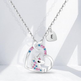 VGWON Unicorn Gift Necklace for Girls, 14K White Gold Plated Heart Pendant, Unicorn Gift for Girls Birthday, Gift for Girls Jewellery, Stainless Steel, No gemstone
