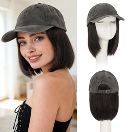 Hat Wig Extensions, Baseball Cap with Synthetic Hair Attached, Adjustable Wig Hairpieces for Women Daily Outdoor, 6 Inch Short Straight Deep Brown Hair with Grey Cap
