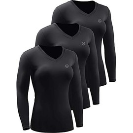 NELEUS Women's 3 Pack Compression Shirts Long Sleeve Yoga Athletic Running Shirts,V-Neck,Black/Black/Black,L