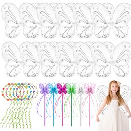 12 Set Fairy Wings Butterfly Wings for Girls, Angel Wing Flower Crowns Fairy Wands Fairy Wing Decorations Set for Birthday Party Cosplay