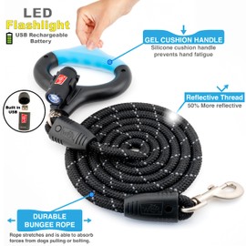 WIGZI Luna Dog Leash with Rechargeable LED Light No Batteries, Detachable Light, Liquid Filled Gel Comfort Handle, Reflective Heavy-Duty Rope, 6 Ft Length up to 200lb Dog, Black Color