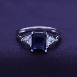 AFFY 14k White Gold Over Sterling Silver Emerald Cut Blue Sapphire With Trillion White Topaz Ring Jewelry For Womens Ring Size-5