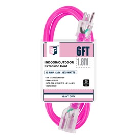 EP - Cable de extensión para exteriores de 6 pies con extremo iluminado, calibre 12/3 SJTW Cable de extensión resistente con enchufe de 3 clavijas, 15AMP 1875W 12AWG, rosa, listado UL