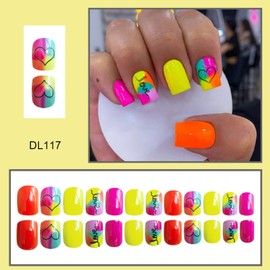 Spring Press on Nails Short Square Colorful Fake Nails Summer Acrylic Nails Press ons with Line Love Designs Full Cover Glossy Stick Glue on Nails for Women Girls DIY Nail Art Decoration 24 Pcs
