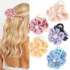 5pcs Flower Claw Clips for Women Hawaiian Hair Clips Multi-Color Floral Pearl Hair Clamp Strong Hold for Thick/Thin Hair Fashion Hair Accessories for Women Girls