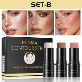 3PCS Contour Highlighter Blush Stick Set – Waterproof Long-Lasting Cream Stick for Cheeks, Lips & Eyes, Long-Lasting & Easy to Apply (SetB)