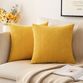 MIULEE Pack of 2 Super Soft Throw Pillow Covers Striped Corduroy Pillow Covers Spring Pillowcases for Sofa Bedroom Couch 16 x 16 Inch, Mustard Yellow
