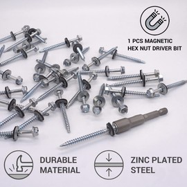 Pack of 80 Zinc Plated Steel Self Tapping Screws DIN 7504-K 4.8 x 60mm with EPDM Washers Hex Washer Head Self Tapping Screws