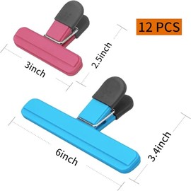 12 Pieces Clips para Bolsas de Alimentos, Pinzas para Cerrar Bolsas de Cocina Duradero, inclye 6 Clips para Comida grande de 15.5cm y 6 pequeña de 7,5 cm, Broches para Bolsas de Cocina Multicolor
