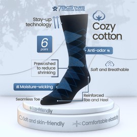 7BIGSTARS KINGDOM Men's Dress Argyle Cotton Socks - 6 Pack - Large - Casual Seamless Socks Size 10-13 Shoe Size 9-12 L Black