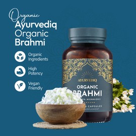 Ayurvediq Organic Brahmi Capsules x60 Vegan Capsules - 600mg Bacopa Monnieri Capsules High Strength Stress, Anxiety & Memory Support Supplements - Health and Wellbeing Supplements, Ayurveda Products