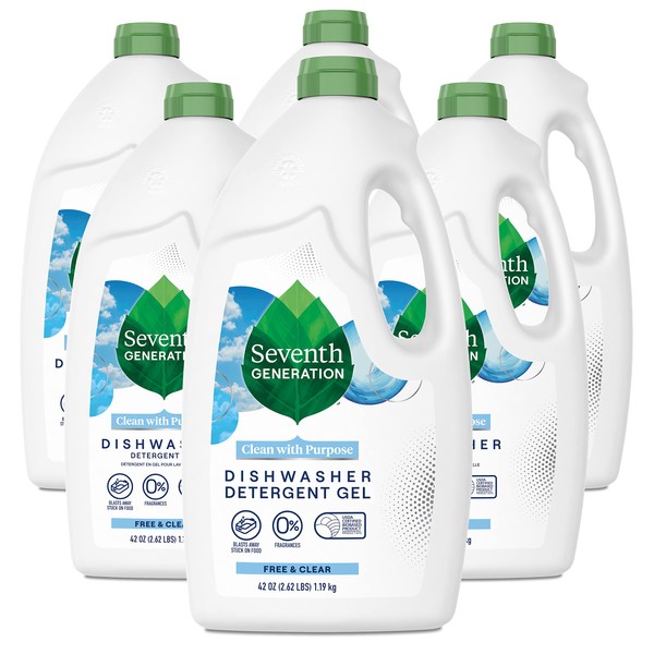 Seventh Generation Dishwasher Detergent Gel for Sparkling Dishes Free & Clear Fragrance Free 42 oz, Pack of 6