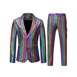 ZEROYAA Men's 70s Disco Suits Metallic Shiny Sequin Outfits Blazer and Pants Set Dance Party Costume Multicolor Large