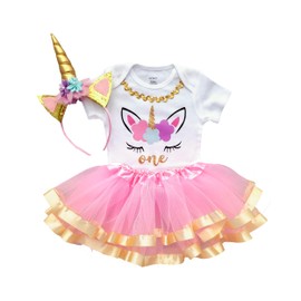 Luke and Lulu Unicorn Birthday Outfit for Baby Girls 3 Piece Tutu Set - 1st Birthday Girl - Pink, Rainbow