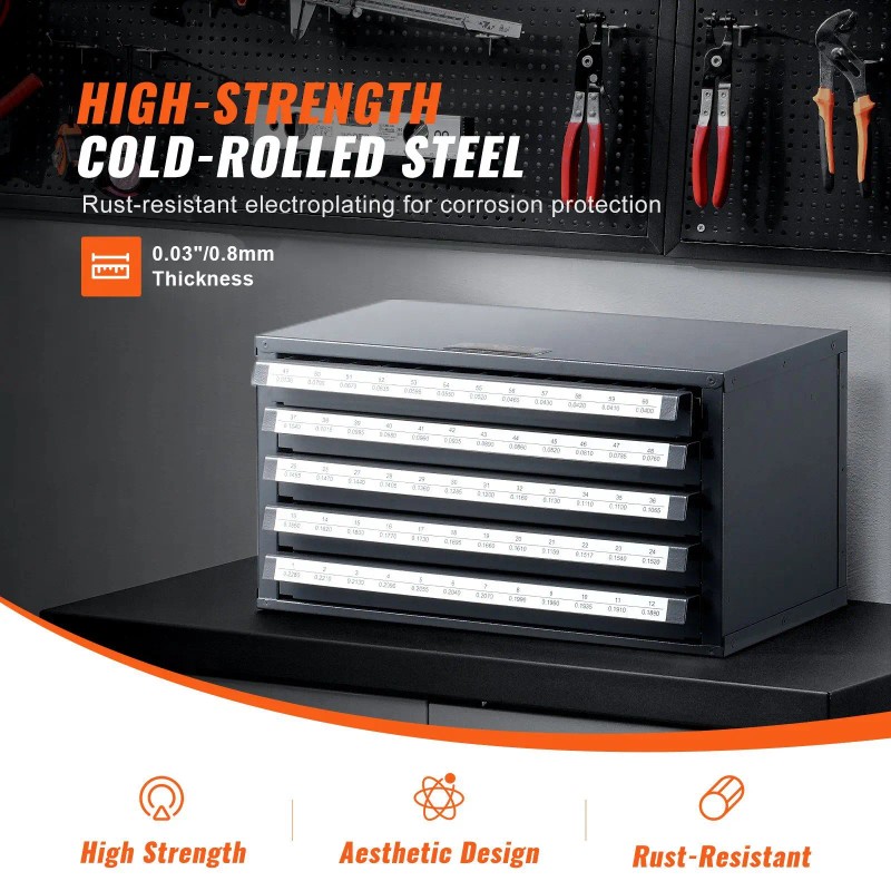 Five-Drawer Steel Drill Bit Dispenser Cabinet Organizer with #1 to