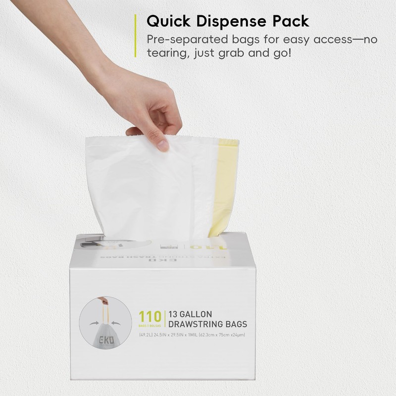 EKO 13 Gallon / 40-60 Liter,110 Count Drawstring Trash Bags,
