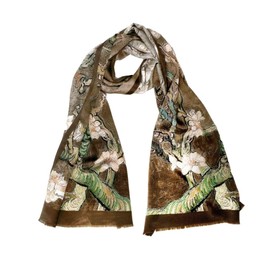 Bursa Ipek 100% Mulberry Silk Scarf for Women, Silk Hair Scarf, Famous Art Design Silk Head Scarf Printed 16"x64" (Khaki Almond Blossom)