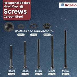 Kozelo 400pcs M3 Socket Head Cap Screws Bolts Nuts Assortment Kit - [M3x30/35/40/45/50mm] Alloy Steel Fully Threaded Black Oxide 12.9 Internal Hex Screw for 3D Printer Use
