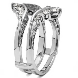 TwoBirch Sterling Silver Chevron Vintage Ring Guard with Millgrained Edges and Filigree Cut Out Design With Cubic Zirconia (0.74 ct., Size 6)