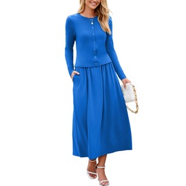 Glamaker Women's 2 Piece Skirt Sets Crew Neck Elegant Brunch Western Outfit Pullover Top Long Skirt Dresses with Pockets(royal blue L)