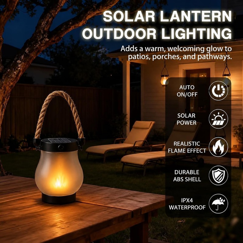 kaliqo Solar Lantern Outdoor Lights, Realistic Dancing Flame Effect, Solar