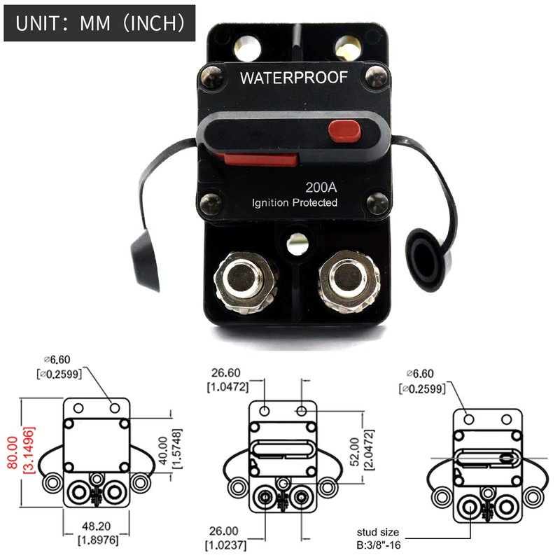 ZOOKOTO 12-48V DC 200A Surface Mount Circuit Breaker with Manual