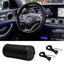 HEVLE Leather Steering Wheel Cover Lace Up, Car Wheel Cover, Universal Car Steering Wheel Protector with Needle Thread, 15 inch Steering Wheel Wrap Interior Accessories for Truck (Black, Hole)