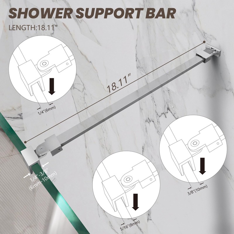 Stainless Steel Shower Rod, Wall-to-Glass Brace for 1/4" & 3/8"