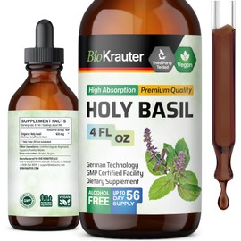 BIO KRAUTER Holy Basil Tincture - Tulsi Powder Liquid Extract - Supports Calmness and Relaxation - Ursolic Acid Supplement - Alcohol and Sugar Free Holy Basil Extract - Vegan Drops 4 Fl.Oz.