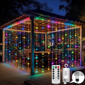 Upgraded 300LED Curtain Lights Battery Operated Outdoor Waterproof, 10ftx10ft Twinkle Hanging Waterfall Lights with Remote Control, 8 Mode Dimmable String Fairy Lights for Bedroom Porch Gazebo Color