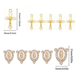 Jiali Q 60pcs Rosary Making Kit, Gold Tone Religious Jewelry Components with Crystal Rhinestone Connectors and Enamel Crucifix Charms, 0.93 x 0.83 inch Centers (White)