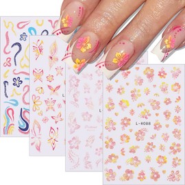 Fspronail Hawaiian Flower Nail Stickers,3D Sunmmer Nail Stickers for Nail Art Ombre Glitter Hibiscus Flower Nail Decals Colorful Floral Butterfly Design Self-Adhesive Manicure Decoration Accessories