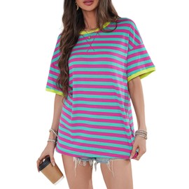 Women Oversized Tshirt Color Block Striped Short Sleeve Casual Crew Neck Summer Fashion Tops 2024 Pink