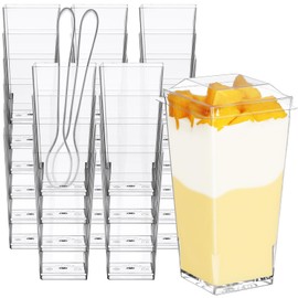 Eupako 3 oz Plastic Dessert Shooter Cups with Lid and Spoons, 50 PCS Mini Clear Square Plastic Tumbler Cups, Small Dessert Cups for Jello Shots, Appetizers, Puddings, Mousse, Parfait