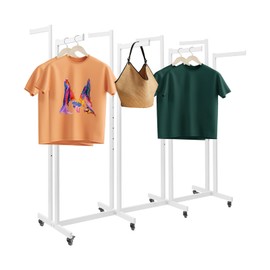 68.5*63in-Retail Clothing & Garment Display Rack W/Wheels, Adjustable White Boutique Dress Rack, Multi Rod Display Clothes Hanging Rack for Home, Commercial Retail, Shopping Malls, Studio, Photo