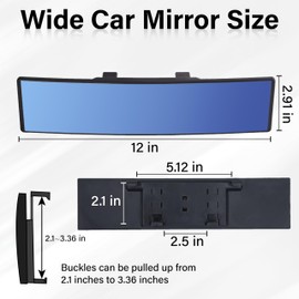 Rear View Mirror, Universal 12 Inch Wide Angle Rear View Mirror, Convex Clip On Panoramic Rears Views Mirrors, Anti-Glare Extended Broadway Mirrors, Rearview Mirroring Accessories for Cars (Blue)