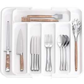 AUJEN Cutlery Tray for Drawers, Removable Cutlery Tray for Drawers, Practical Drawer Insert, Expandable Drawer Organiser, Efficient and Versatile Kitchen Organiser, White