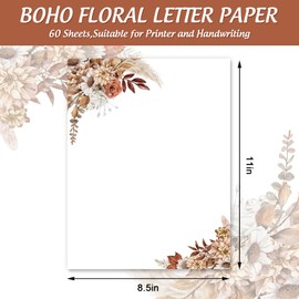 60 Sheet Boho Stationery Letterhead Paper Vintage Leaves Floral Letter Writing Paper for Fall Autumn Notes Greeting Invitation Office School Printing, 8.5 x 11 Inch