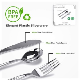 160 Pack Silver Plastic Cutlery Disposable Silverware - 80 Forks, 40 Knives, 40 Spoons - For Catering, Parties, Dinners, Weddings, and Everyday Use