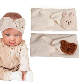 GGUFAY Baby Turban Headband Baby Girl Cotton Headbands for Kids Toddler Newborn 2 Pack (Beige, Rabbit and The Bear)