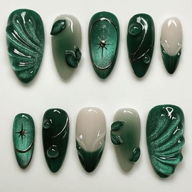 Jremg Uñas Postizas Verdes De Presión, Almendradas Medianas, Con Diseño 3D De Hojas Y Gotas De Agua, Brillantes Y Con Purpurina Verde. Uñas Postizas Reutilizables Con Pegamento De Estrella Plateada Pa