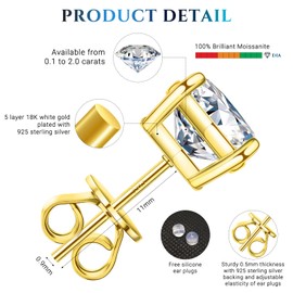 LIAN Moissanite Stud Earrings for Women Sterling Silver 925 Earrings Jewelry Engagement Gifts for Women Men (4 Prong-Gold(0.8ct*2))